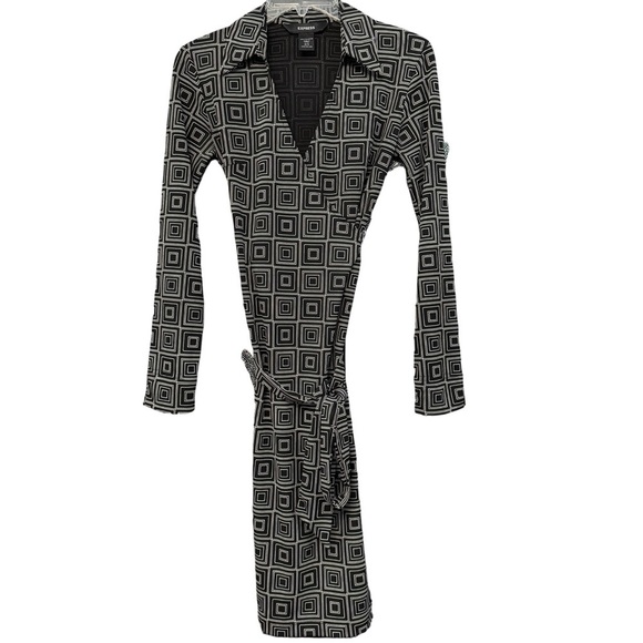 🖤 Vintage Mod Wrap Dress | Black White Geometric Print | Size XS - Picture 1 of 6